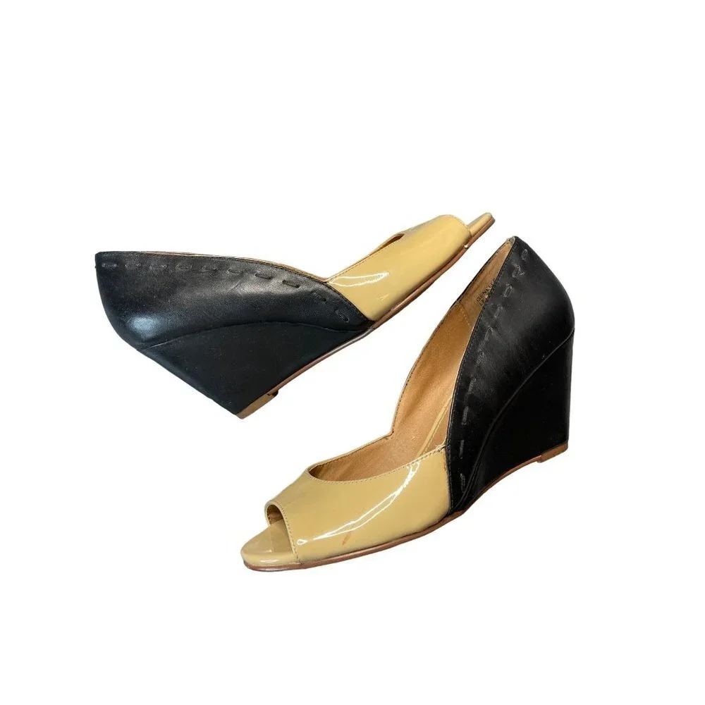 Kelsi Dagger Genelle Black Tan Peep Toe Wedge Heel Shoes Sz 5 - Picture 2 of 7
